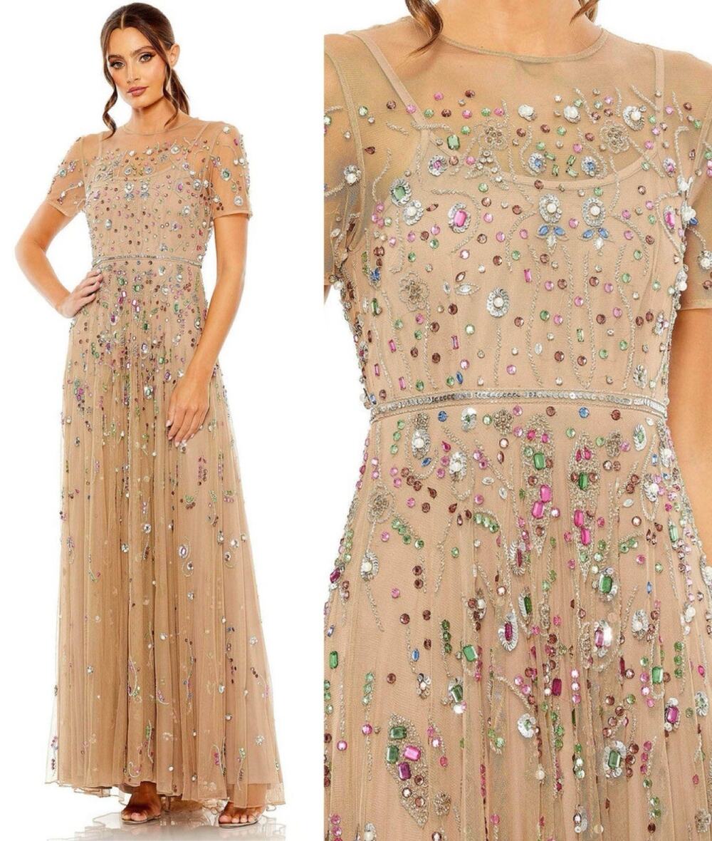 Mac Duggal 93924 A-line Embellished Stone Detailed Gown Size 12 Short Sleeve NWT